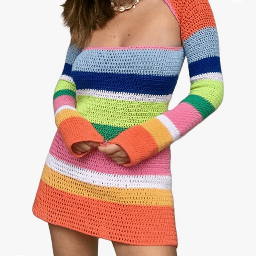 Multicolor Long Sleeve Crotchet Dress